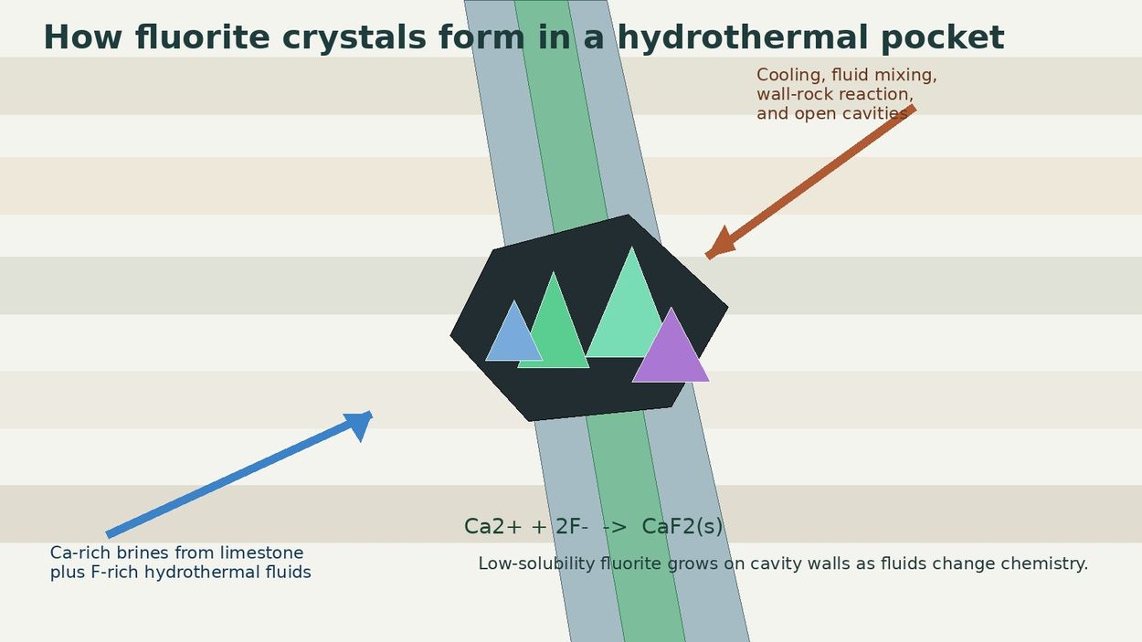 Hydrothermal pocket model: fluid mixing, wall-rock reaction, cooling, and open space allow fluorite crystals to grow.