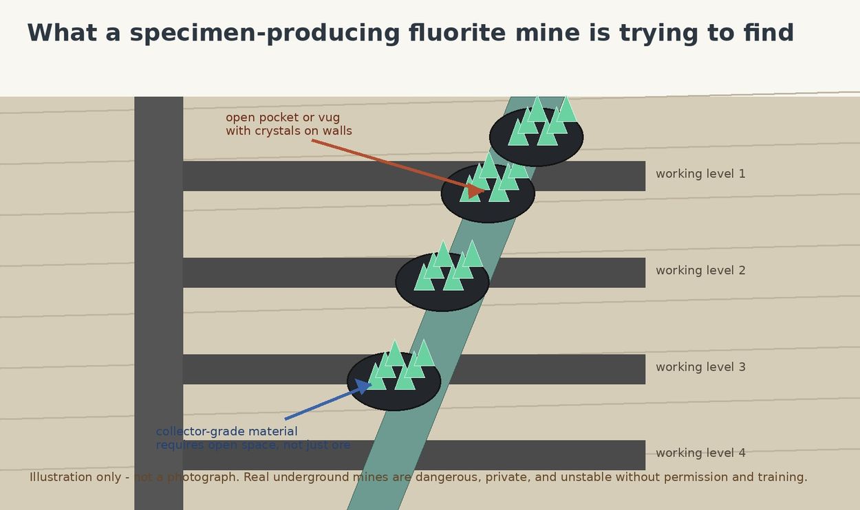 Illustration of an underground vein and open pockets; not a real mine photo.