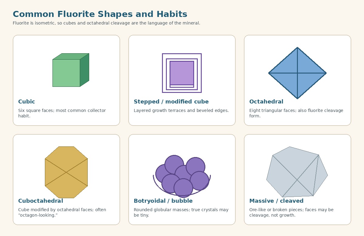 Diagram of common fluorite shapes: cube, modified cube, octahedron, cuboctahedron, botryoidal habit, and massive cleaved pieces.