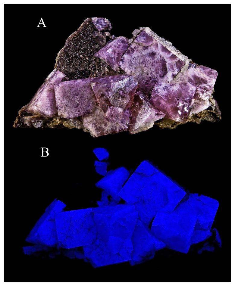 Boltsburn Mine fluorite: classic Weardale color and UV behavior.
